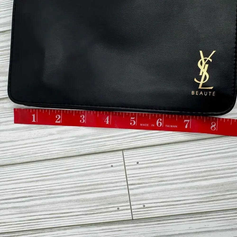 YSL Beaute make up cosmetic bag pouch logo vegan leather zipper black gold